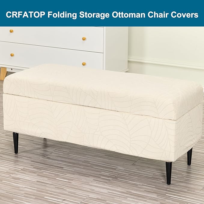 CRFATOP Waterproof Jacquard Ottoman Stool Cover Stretch Folding Storage Footstool Bench Slipcovers Upholstered Foot Chest Chair Covers Washable Entryway Furniture Protector with Elastic Bands,S,Cream