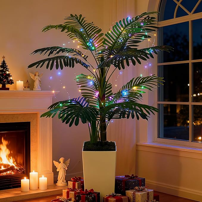 Artificial Palm Tree 5FT - Fake Tree with Tall Planter and Fairy Lights, Large Tropical Palm Faux Tree, Fake Plants for Indoor Outdoor Living Room Outside Patio Office Home Decor
