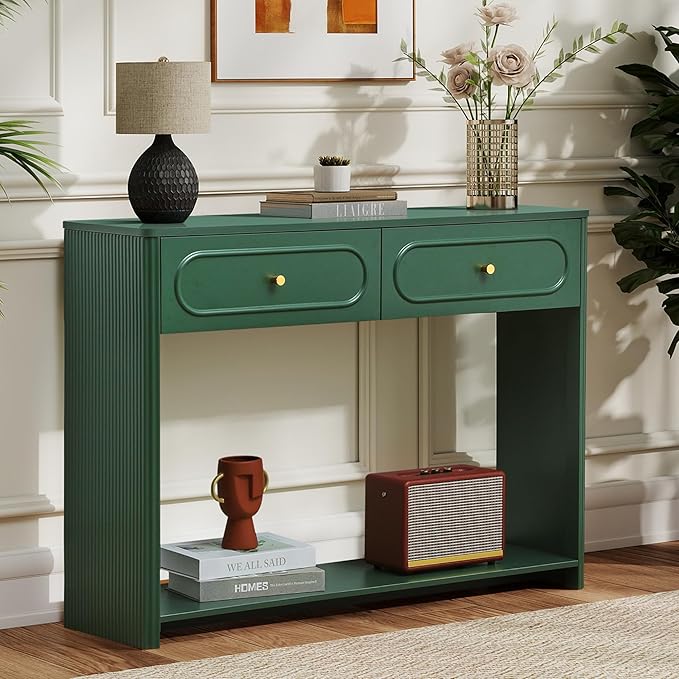 ORRD Fluted Console Table with Drawers, Mid-Century Narrow Entryway Table with Open Storage Shelves, Hallway Accent Tables Behind Couch Tables for Living Room (Green)