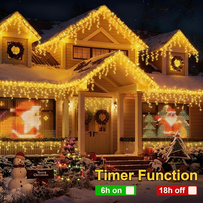 YEGUO 66ft 800 LED Icicle Lights Outdoor, 160 Drops Icicle Christmas Light Connectable, 8 Modes Warm White Xmas Icicle Lights with Memory Timer