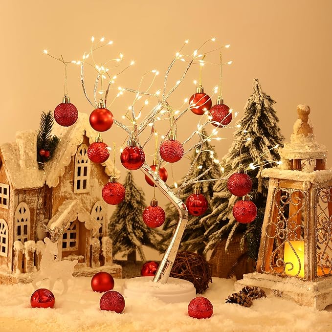34ct Red Mini Christmas Ball Ornaments Shatterproof Plastic Christmas Tree Decorations for Xmas Party Home Office Holiday Decor -Small Size (1.57"/ 40mm)