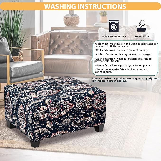 Ottoman Cover Rectangle Printed,Stretch Slipcover for Rectangular Footstool,Soft Fabric with Non-Slip Elastic Bottom,Decorative Furniture Protector for Living Room,Large,Flower G