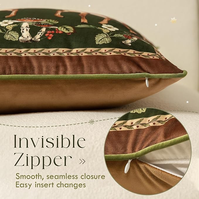 Grandmillennial Holly Deer Green Pillow Cover, Velvet Euro Sham Covers Decorative Throw Pillow Covers 18x18 for Couch Sofa Bed Living Room, Christmas & Holiday