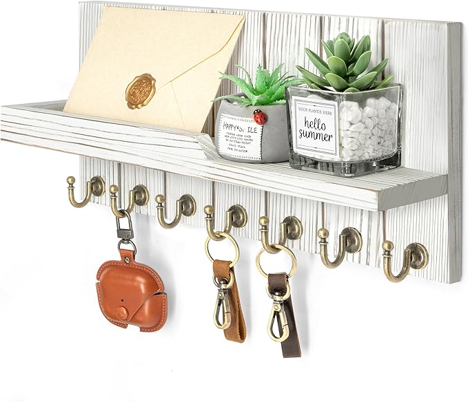 Rebee Vision Farmhouse Key and Mail Holder for Wall - Decorative Mail Organizer Wall Mount with 7 Hooks and Mounting Hardware - Elegant Key Hanger for Entryway and Home Wall Decor (Whitewash,15-inch)