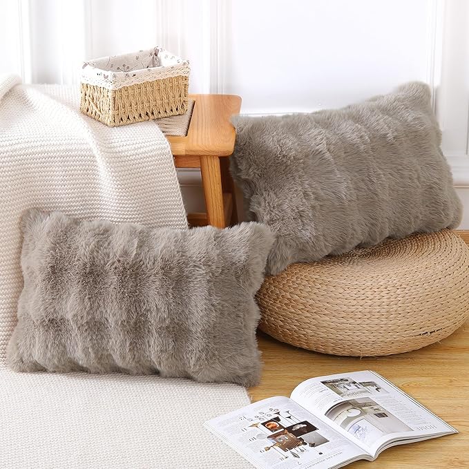 MADIZZ Pack of 2 Thick Plush Wool Throw Pillow Covers 12x20 Inch Taupe Soft Neutral Decorative Throw Pillows Accent Boho Cushion Covers for Couch Sofa Bedroom Pillow Shell