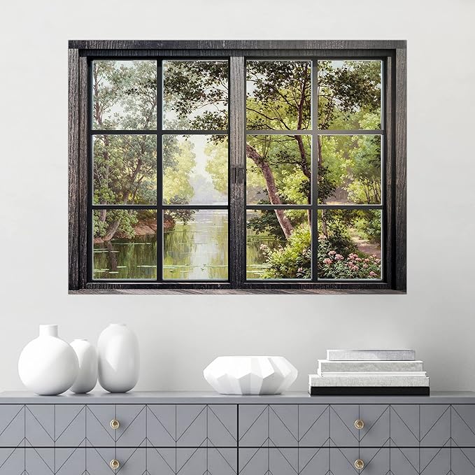 SIGNWIN Removable Wall Sticker/Wall Mural Window View Dark Green Summer Forest River Nature Wilderness Fine Art Vintage Decorative Landscape Digital Art for Living Room, Bedroom, Office - 24"x32"