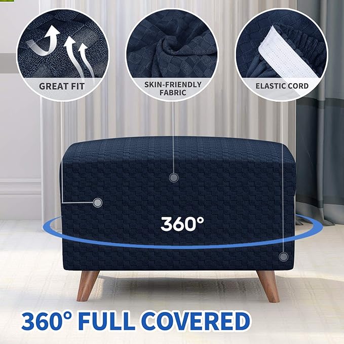 MAXIJIN Jacquard Ottoman Cover Slipcovers Folding Storage Stool Furniture Protector Cover Soft Thick Rectangle Foot Rest Slipcover with Elastic Bottom (Ottoman Large, Navy Blue)