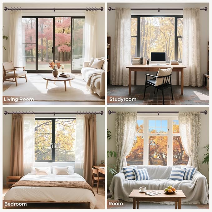 2 Pack Bronze Curtain Rods for Windows 30 to 56 Inch, Decorative Heavy Duty Single-Side Adjustable 1'' Antique Brown Curtain Rod, Vintage Rustic Metal Drapery Pole Set for Farmhouse Bedroom