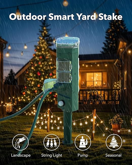 HBN Outdoor Smart Plug Waterproof with 6 Outlets,WiFi Power Stake Timer 6Ft Cord,Outdoor Outlet Timer for Halloween/Christmas Lights,Compatible with Alexa & Google Assistant, Voice Control,ETL Listed