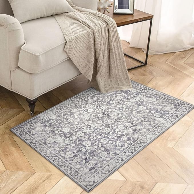 Vintage Entryway Rug, Gray Ivory 2x3 Washable Non-Slip Carpet, Soft Thin Faux Wool Small Area Rug for Front Door, Kitchen, Bedroom, Foyer