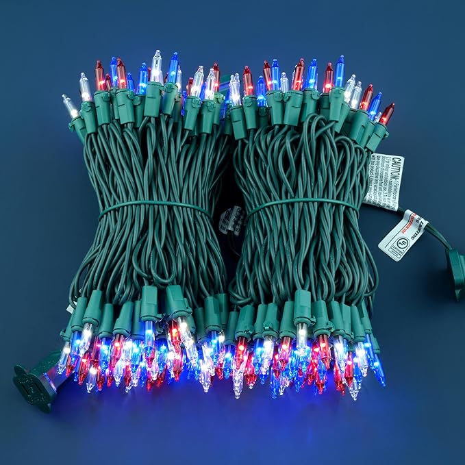 YULETIME 200 Red White & Blue Christmas Lights, Pack of 2 Sets 33 Feet 100 Count UL Certified Incandescent-Like String Lights