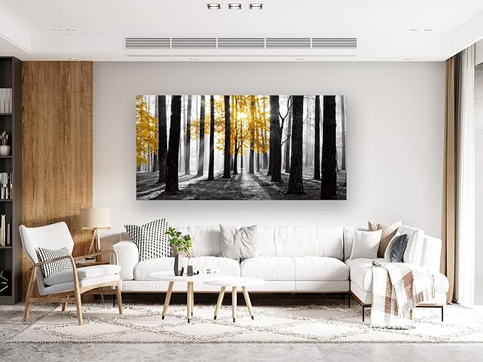 Cao Gen Decor Art S06375 Wall Art Canvas Painting Yellow Tree in Black and White Sunshine Foggy Forest Picture Poster Print Framed Ready to Hang for Living Room Bedroom Office Home Decor