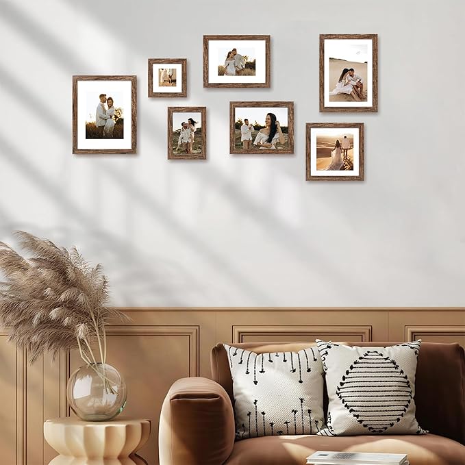 iRahmen 9x12 Picture Frame Set of 4 with Tempered Glass, Wooden Rustic Frame Display 6x8 Pictures with Mat or 9 x 12 Without Mat, Photo Frame for Wall Mount and Tabletop Display