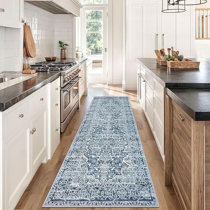 KUTA Vintage Washable Runner Rug, 2.6x8 Runners for Hallways Non-Slip Blue White Kitchen Rugs Ultra Soft Printed Tribal Floor Carpet for Bedroom Living Room Nursery Playroom