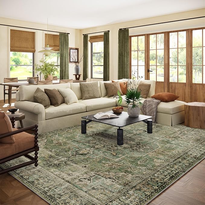 10x12 Area Rug Washable Rugs: Large Living Room Rug Stain Resistant Non Slip Distressed Vintage Low Pile Faux Wool Soft Green Rugs for Bedroom Farmhouse Dining Room Kids Playroom Nursery