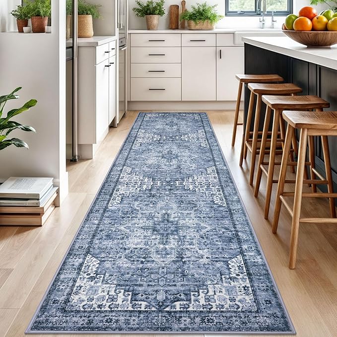 3x10 Washable Rug for Entrance, Blue Soft Printed Area Rug, Non-Slip Kitchen Rugs, Low-Pile Medallion Indoor Door Mat, Small Farmhouse Carpet for Entryway Kitchen Foyer Bedside