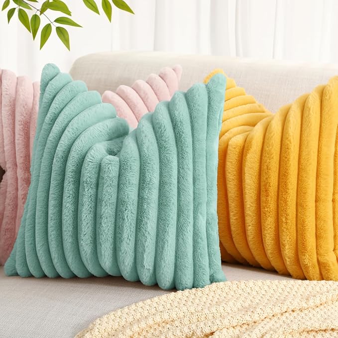 decorUhome Faux Fur Christmas Throw Pillow Covers 18x18 Set of 2, Decorative Soft Plush Striped Neutral Couch Euro Pillow Covers with Velvet Back for Sofa, Bed, Living Room Home Decor, Aqua