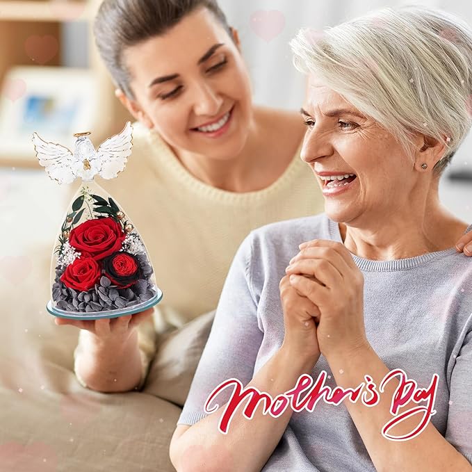 FIACO Gifts for Women Preserved Rose Forever Flower in Glass Angel Figurine Fresh Flowers for Delivery Mothers Day Birthday Gifts for Mom Grandma Wife Sister Red