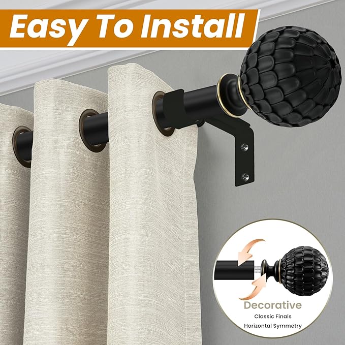 Matte Black Curtain Rod for Windows 18 to 64 inch, 1-inch Heavy-Duty Adjustable Curtain Rod with Decorative Pinecone finials for Farmhouse Living room, Bedroom, Dining room