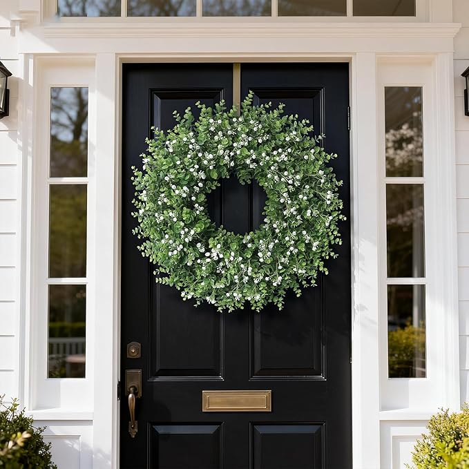 26" Artificial Eucalyptus Wreath with Baby's Breath for Front Door - Faux Eucalyptus Leaves, Fake Spring/Summer Greenery Flowers Wreath for Porch, Farmhouse, Wall, Window Outdoor Decor