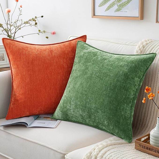 decorUhome Christmas Couch Throw Pillow Covers 16x16 Set of 2, Decorative Soft Euro Velvet Neutral Chenille Pillow Covers with Elegant Design for Sofa Bed Living Room Home Decor, Moss Green