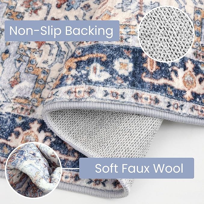KOZYFLY Small Area Rug 2x3 Ft Rugs for Entryway Washable Boho Entry Rug Non Slip Door Mat Indoor Entrance Faux Wool Vintage Printed Kitchen Rug Throw Rugs for Entrance Kitchen, Blue Gray/Cream
