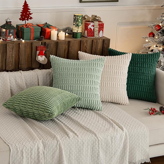 MIULEE Pack of 4 Summer Neutral Corduroy Decorative Throw Pillow Covers 20x20 Inch Farmhouse Boho Rustic Soft Striped Pillow Covers Home Decor for Sofa Living Room Couch Bed Green