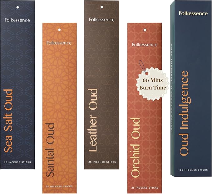 Folkulture Incense Stick with 60 Mins Burn Time for Gifting | Set of 4 (11") Organic Insenses | Pack of 100 Insence Sticks | Orchid, Leather Oud, Sea Salt, Santal Inciensos | Non Toxic Scented Insents