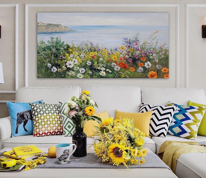 Acocifi Coastal Floral Wall Art Canvas Nature Flower Landscape Seascape Painting Colorful Wildflowers Picture, Large Textured Artwork for Living Room Bedroom Bathroom Kitchen Office Home Decor 40"x20"