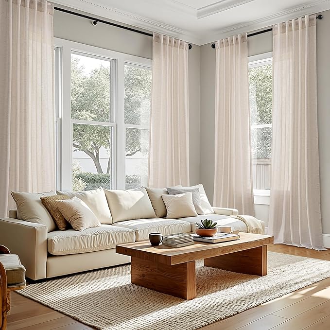 ANRODUO Beige Sheer Linen Curtains 63 inches Long 2 Panels for Living Room Bedroom Back Tab Pocket Light Filtering Airy Curtains Cotton Textured Modern Farmhouse Aesthetic Decor 37x63