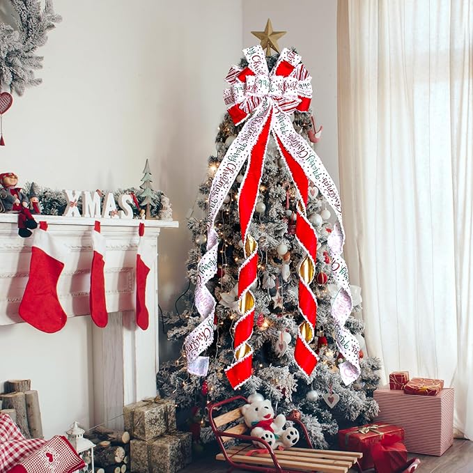 Christmas Tree Topper Bow Christmas Wreath Bow 52x13 Inches Large Burlap with White Red Polyester Edge Gift Bow for Xmas Tree Décor Christmas Home Indoor Outdoor Decoration