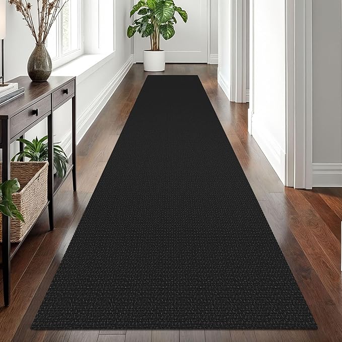 EARTHALL Woven Runner Rug 2.6x12 Ft Washable Runners for Hallways Extra Long Cotton Non Slip Rubber Backed Kitchen Runner Braided Indoor Floor Carpet for Entryway, Hall, Kitchen, Black/Grey