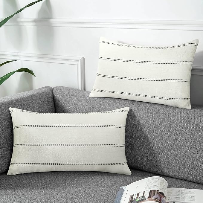 AmHoo Pack of 2 Farmhouse Stripe Check Throw Pillow Covers Set Case Cotton Linen Decorative Pillowcases Cushion Cover for Couch Bench Sofa 12x20Inch Cream