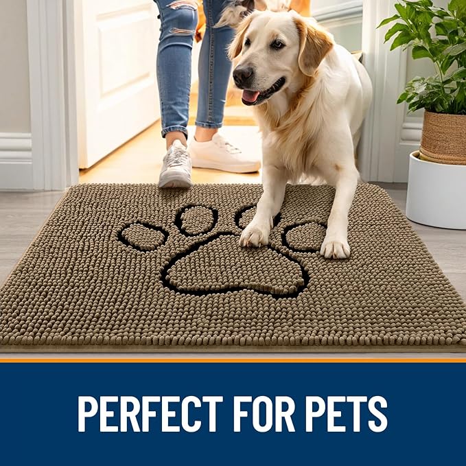 OLANLY Dog Door Mat for Muddy Paws 59x24, Paw Print Design, Absorbs Moisture and Dirt, Absorbent Non-Slip Washable Doormat, Quick Dry Chenille Mud Mat for Dogs, Entry Indoor Entryway Carpet, Tan