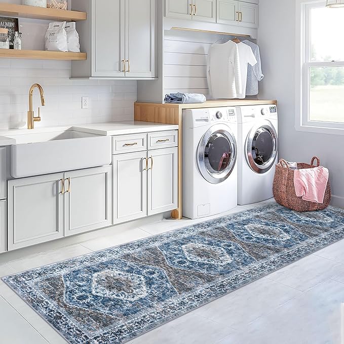 KOZYFLY Runners for Hallways 3x12 Ft Thin Long Washable Kitchen Runner Non Slip Runners Rug for Entryway Indoor Blue Printed Faux Wool Stair Runner Floor Carpet for Stair Kitchen Hall, Blue
