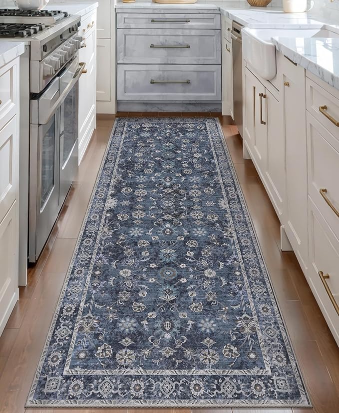 Tangsoo 2.6x8 Runner Rug for Hallway Kitchen, Non Slip Washable Long Rug Runner Boho Vintage Floral Carpet, Distressed Blue Black Soft Low Pile Indoor Runners for Entryway, Laundry, Kids&pets Friendly