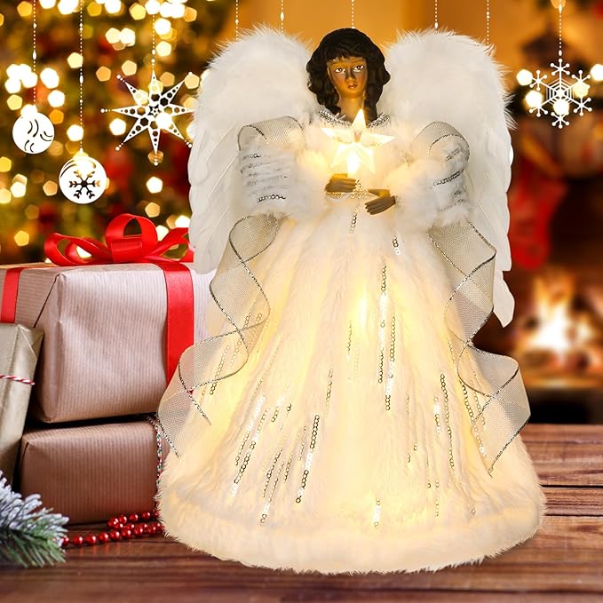 HMASYO Black Christmas Tree Topper Angel with Timer Lights, 12" African American Angel Tree Toppers with White Feather Wings, Star Light, Remote Control and USB Power Xmas Treetop Decor for Holiday