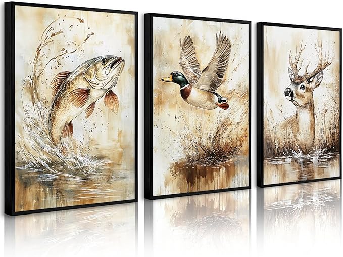 Vintage Animal Wall Art Baby Boy Room Canvas Wall Decor Farmhouse Animal Posters Kids Nursery Hunting Art Prints Rustic Deer Fish Pictures Mallard Duck Painting for Bedroom 12x16 Inch Unframed 3pcs