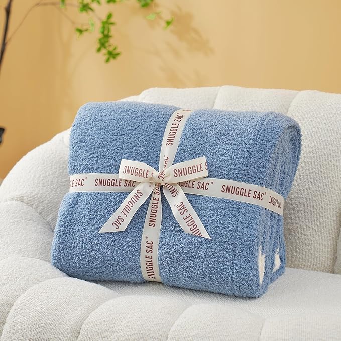 Snuggle Sac Blue Bedding Blankets Queen Size 90x90 inches, Reversible Microfiber Fluffy Fuzzy Soft Throw Cozy Knit Blanket for Women Mothers Birthday Gifts