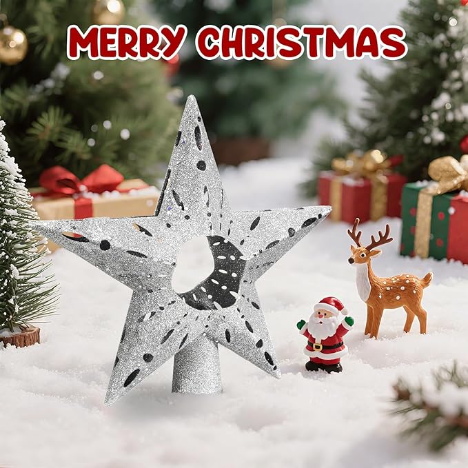 Silver Christmas Tree Topper Star, 12 Inch Glitter Tree Top Decoration, Sparkling Star Ornament for Christmas Tree, Durable ABS Plastic Holiday Decor Accessory, Xmas Tree Topper for Home and Party