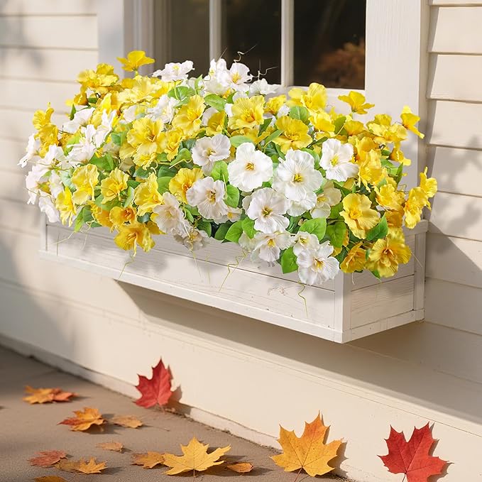 Hibiscus Artificial Flowers Plants for Outdoors Decoration, 6 Bundles Silk Bouquet Tropical Flowers Artificial Realistic UV Resistant Fake Flower for Outside Planter Porch Patio Balcony (Yellow White)