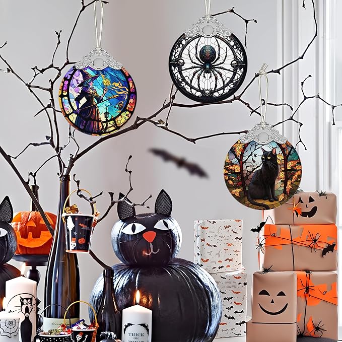 2025 Ornaments for Christmas Tree, Zmoicky Stained Glass Hanging Ornament, Christmas Ornaments Clearance, Gift Exchange Ornament, Bauble Present - Black Cat in The Night