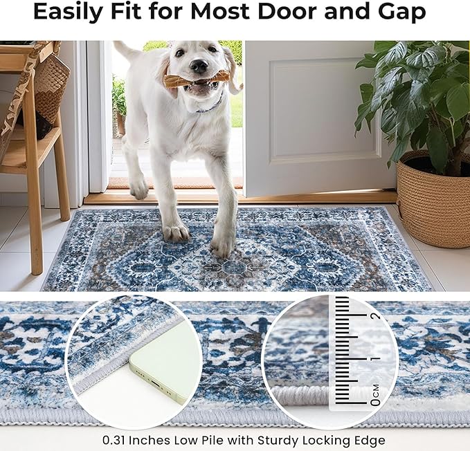 KOZYFLY Round Rug 5 Ft Rugs for Entryway Washable Circle Entrance Rug Non Slip Round Doormat Indoor Printed Faux Wool Round Front Door Mat Floor Carpet for Backdoor, Entryway, Bedroom, Blue