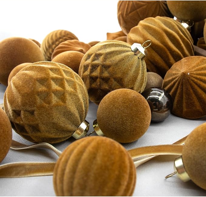42PCS Gold Brown Velvet Christmas Ball Ornaments, Flocked Vintage Rustic Farmhouse Baubles in Assorted Sizes for Xmas Tree Decorations, Hanging Ornaments for Home, Party & Wedding Décor (Golden Brown)