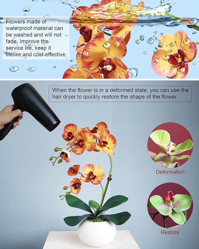 Forlaoers Real Touch 17" Tall Yellow Faux Orchid Artificial Flowers Orchids Silk Flower with Vase Fake Plant for Home Decor Indoor Table Centerpiece Floral Arrangements Decoration