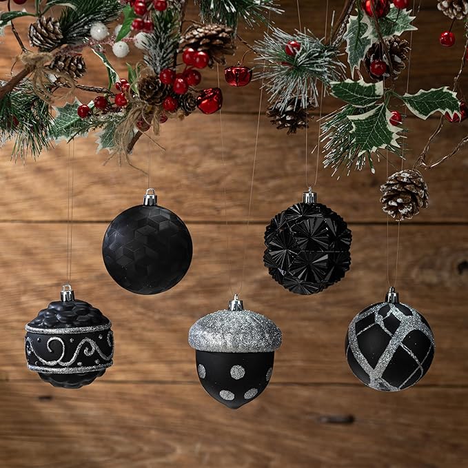 Fuovt 62pcs Black & Silver Christmas Balls Ornaments Set - 3.15" Big Christmas Balls - Shatterproof Plastic Decorative Baubles for Xmas Tree Decor Holiday, Wedding, Party Decoration (Black & Silver)
