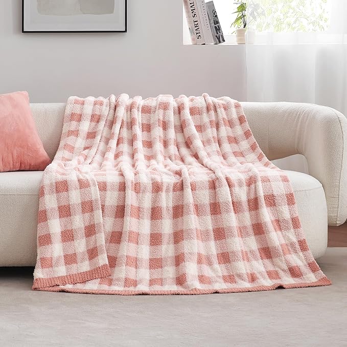 Snuggle Sac Buffalo Plaid Bedding Blanket Twin Size, Super Soft, Cozy Warm Knit Decorative Blankets, Reversible Plaid Fluffy Throws for Bed, Plaid Pink, 60x80 Inches