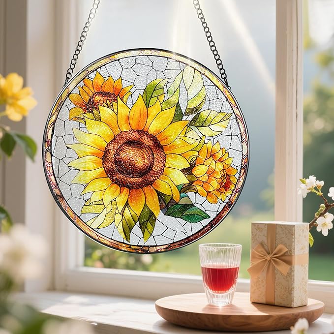 8-Inch Stained Glass Ornament, Stained Glass Window Hanging, Suncatcher Window Hanging, Home Decor, Sunflower Ornament | Mother's Day, Christmas, Birthday | Gifts for Flower Lovers, Mom & Friend