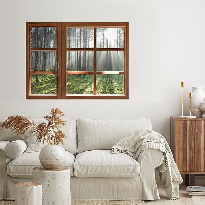 SIGNWIN Removable Wall Sticker/Wall Mural Window Morning Sunlight Through Misty Woods Photography Realism Decorative Landscape Digital Art for Living Room, Bedroom, Office - 24"x32"