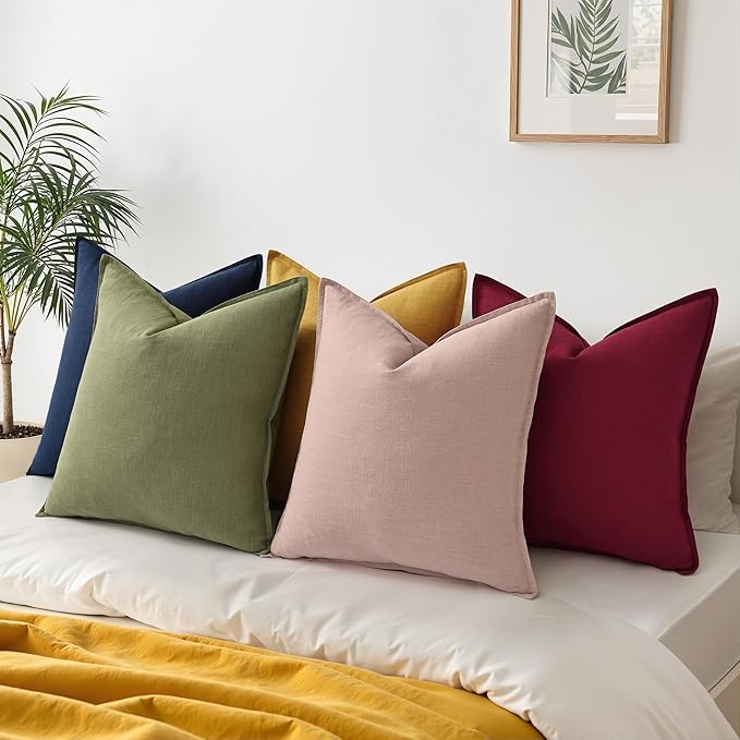decorUhome Christmas Decorative Linen Throw Pillow Covers 20x20 Inch Set of 2 Olive Green Soft Pillow Covers with Flange Edges Soft Farmhouse Boho Accent Pillow Cases for Couch Sofa Bed Living Room